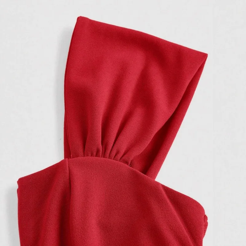 ผู้หญิงฤดูร้อนใหม่สีแดงถักเอว-Cinching Elegant A-Lineชุดผู้หญิงแฟชั่นจีบBig Hemสแควร์ชุด