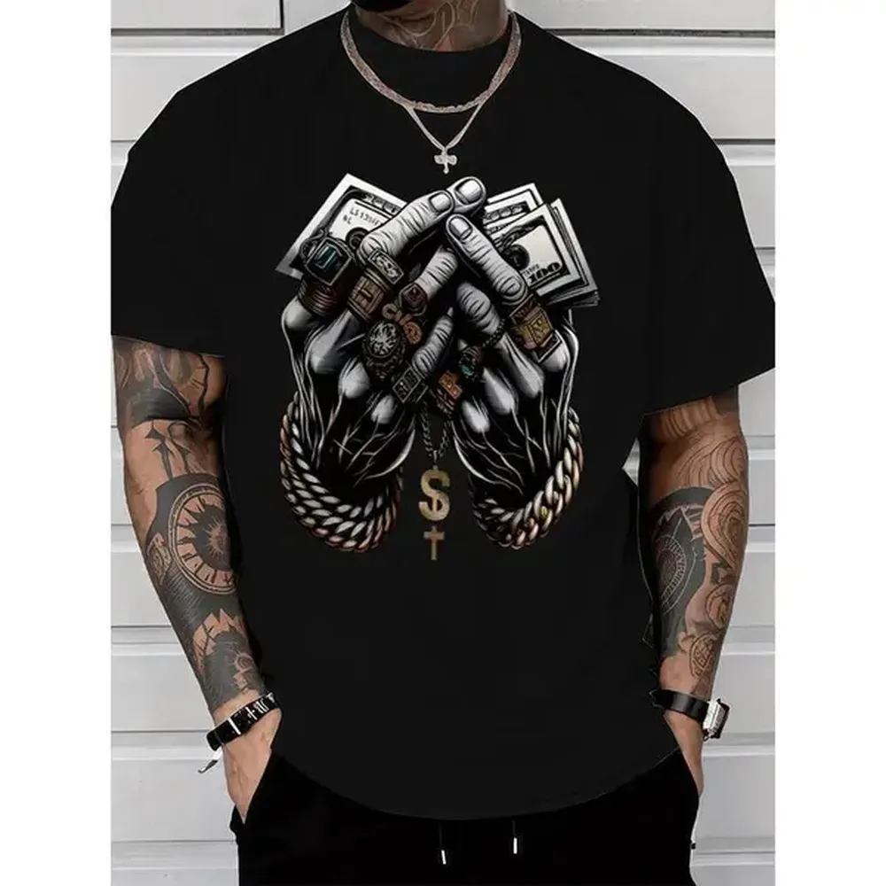 Men's Comfort-Fit Cotton Short-Sleeve Round Neck T-Shirt - Chic Preppy Korean Streetwear Top with Trendy Dollar & Rings Graphic Print, Cute