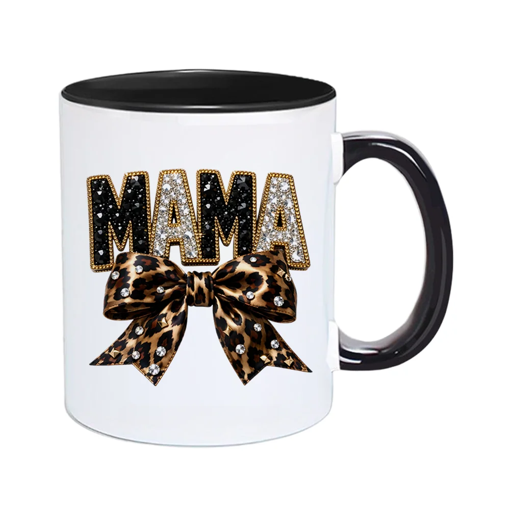 11oz Leopard Bow Mama Letter Print Ceramic Coffee Mug with Rhinestone Design for Mother’s Day Birthday Holiday Present Home Use