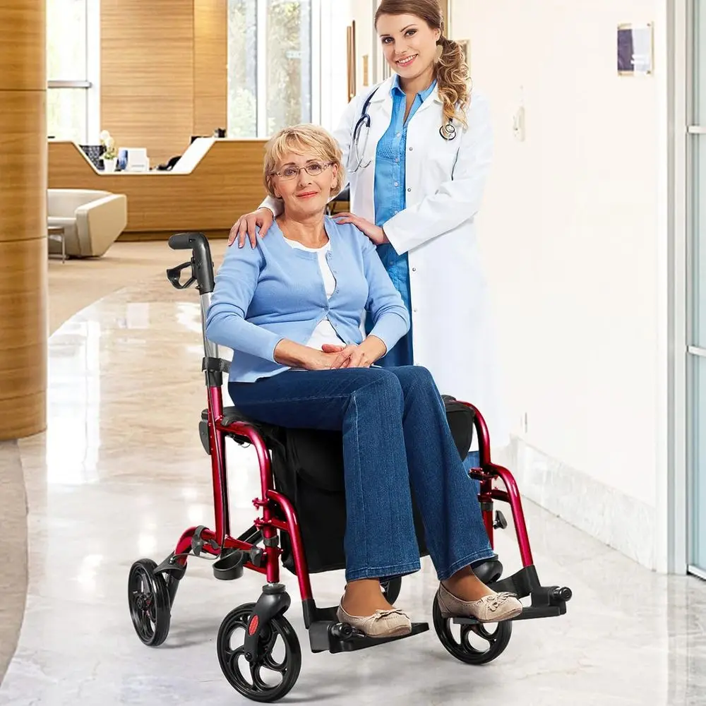 Adjustable Height 4-Wheel Rollator with Folding Design, Reversible Backrest, and Detachable Storage for Seniors - Red