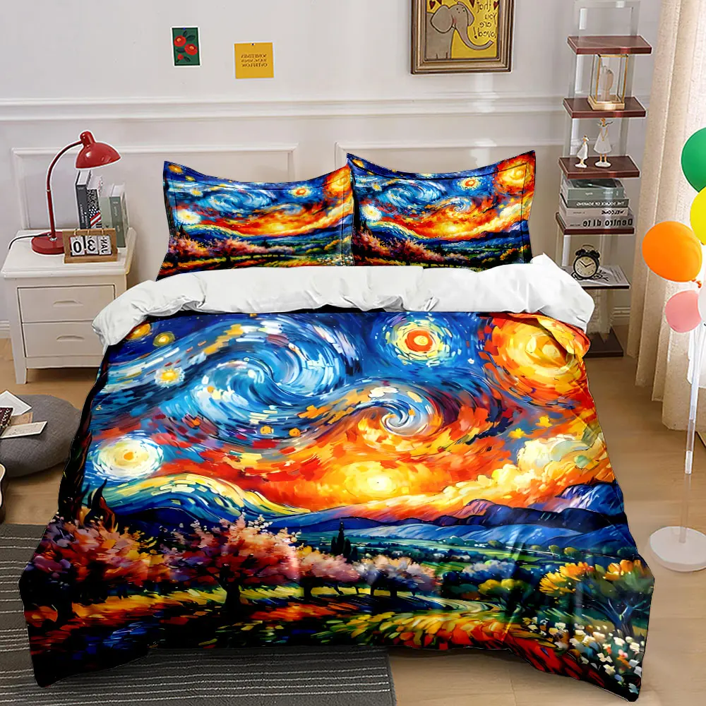 Vibrant night sky and blossoming trees Print Bedding Set 1Duvet Cover 2 Pillowcases for Adult and Children Luxury Gift Full Size