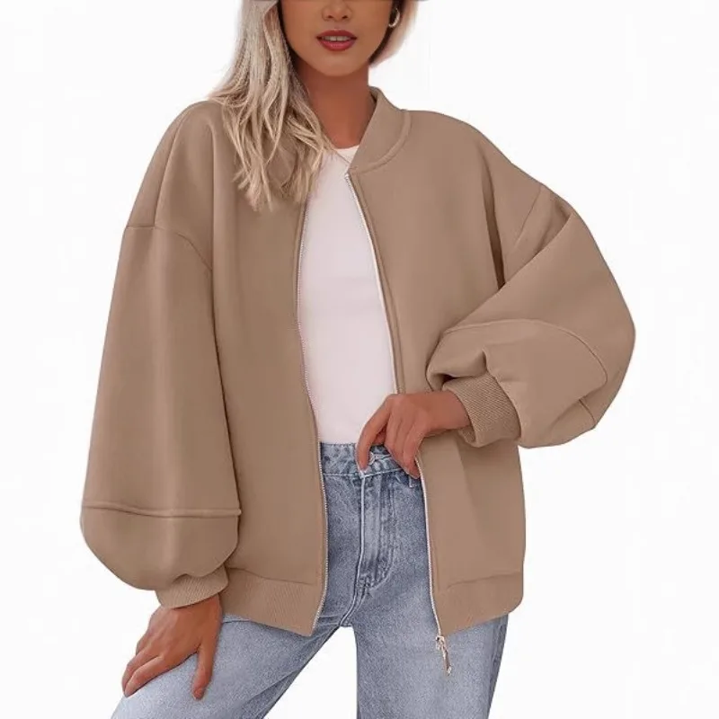 

2025 autumn and winter women's casual warm jacket baseball collar long sleeved solid color zipper style
