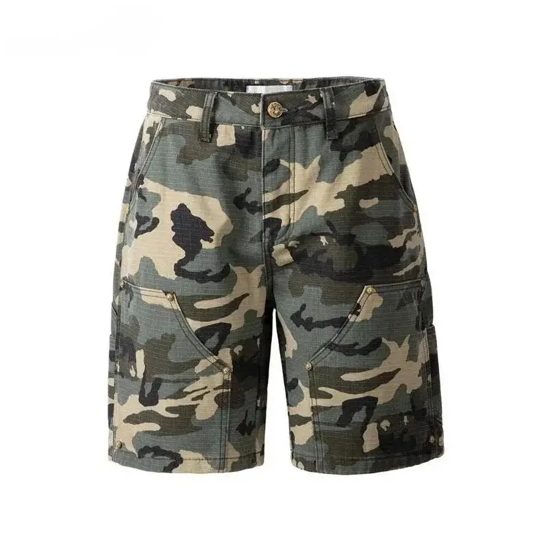 Fashion High Summer Street Men's Camouflage Cargo Shorts Casual Loose Rivet Detail Multi Pocket Wide Leg Pants KVSR