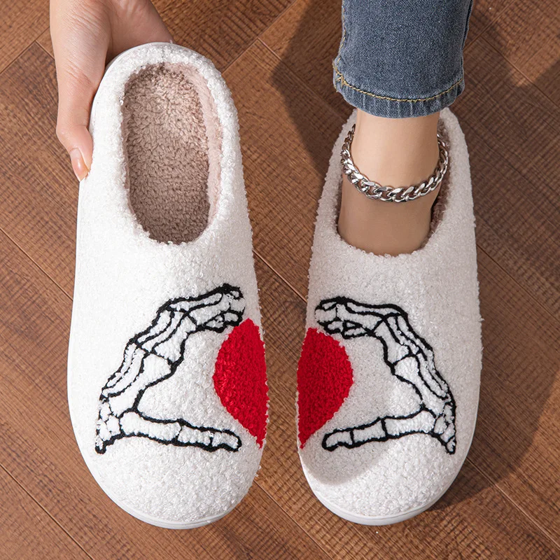 Couples Home Slippers Skull Hand Love Heart Valentine's Day Gift Winter Warmy Cotton Shoes Non Slip Fluffy Comfy Shoes Gift