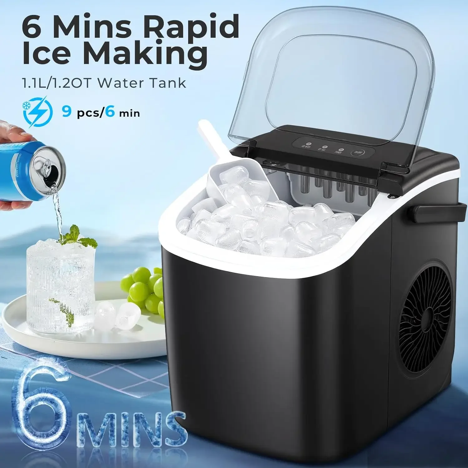 Ice Maker -  Countertop Ice Machine with Self-Cleaning, 26.5lbs/24Hrs, 9  Ice Cubes in 6 Mins, Ice Basket and Scoop,  for , Kitc