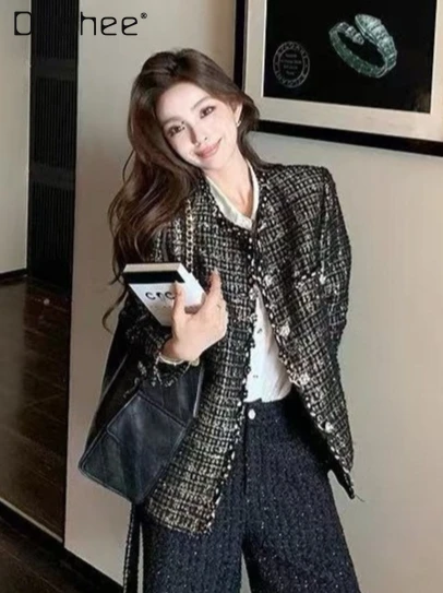 

Элегантное светское твидовое пальто во французском стиле для женщин, новое осеннее шикарное модное однобортное тонкое пальто с круглым вырезом и бисером, с поясом