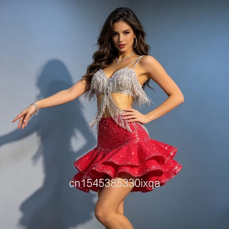 

New Latin Dance Competition Women's High-end Custom Large Pearl Studded Diamond Dress Rumba Tango Performance Dress