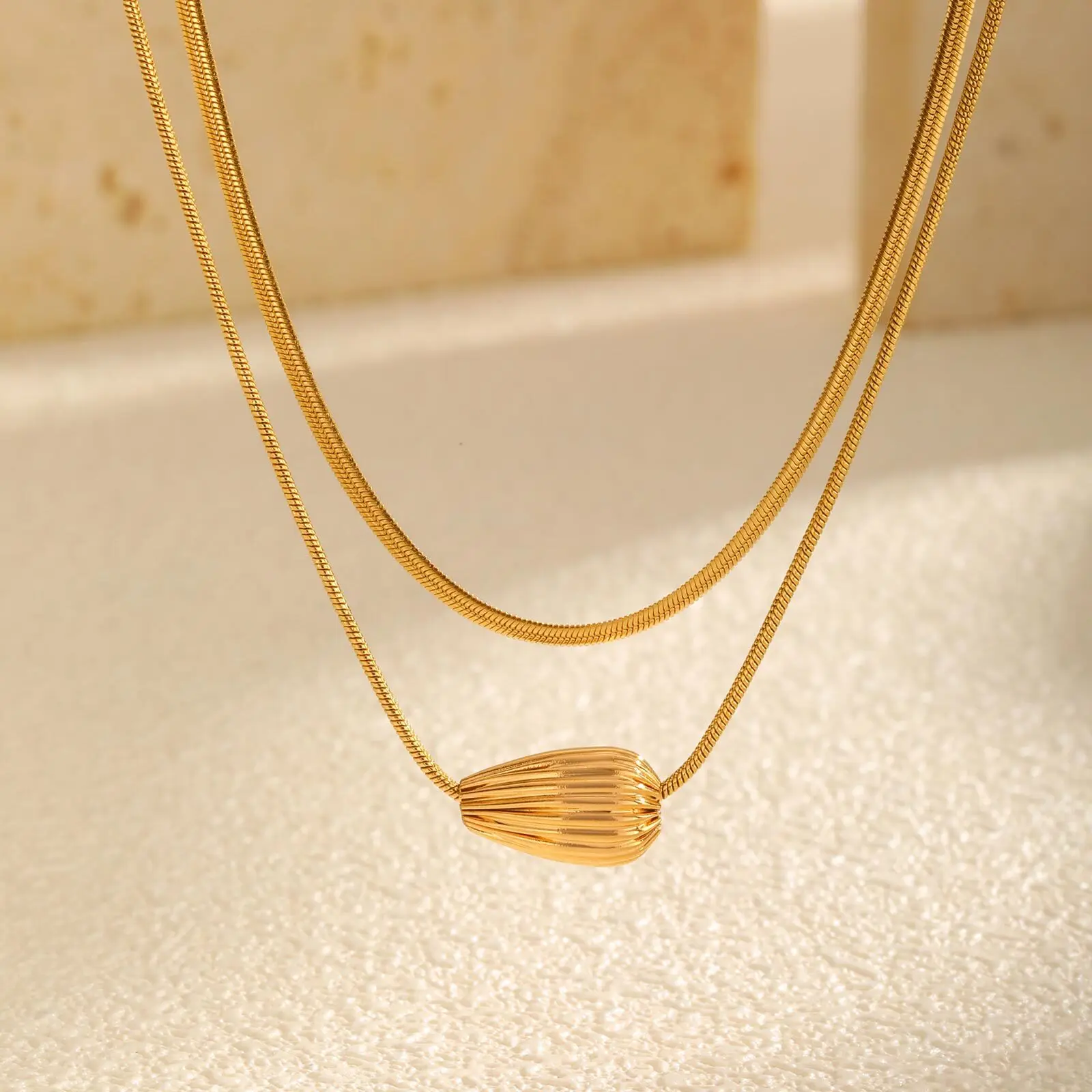 

Gold Plated Herringbone Chain Necklaces for Women, Stainless Steel Link, Set Double Layer Geometric Pendant Necklace