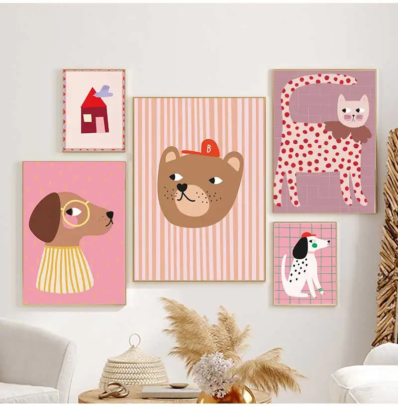 Cute Cat Fox Dog Horse Bunny Red Polka Dots Illustration Poster Canvas Painting Print for Kids Nursery Wall Home Decor Cuadros