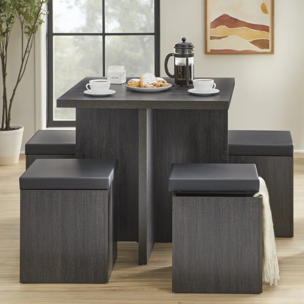 طقم طعام مكون من 5 قطع مع طاولة مربعة عثمانية ومقاعد من الجلد الصناعي بتصميم عصري مدمج للمنازل الصغيرة والشقق الداخلية #6