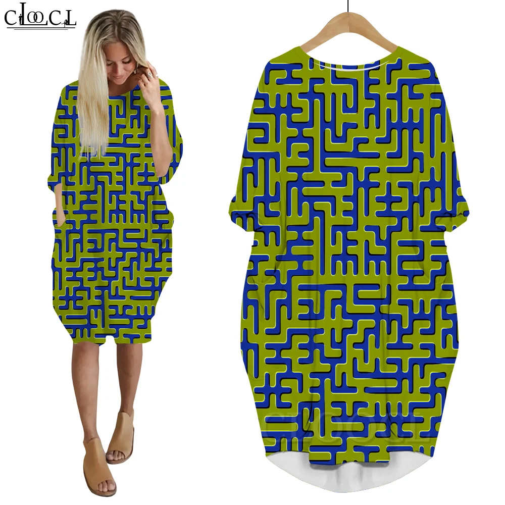 

CLOOCL Simple Maze Women's Dresses Fashion 3D Printed Mid Dresses Ladies Street Wear Long Sleeve Pocket Dresses Oversized