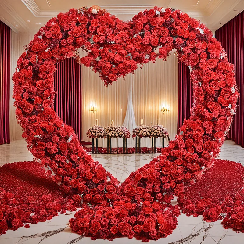 

Red Heart shaped Artificial Flower Arrangement Wedding Background Stage Arches Placement Proposal Event Celebration Decoration