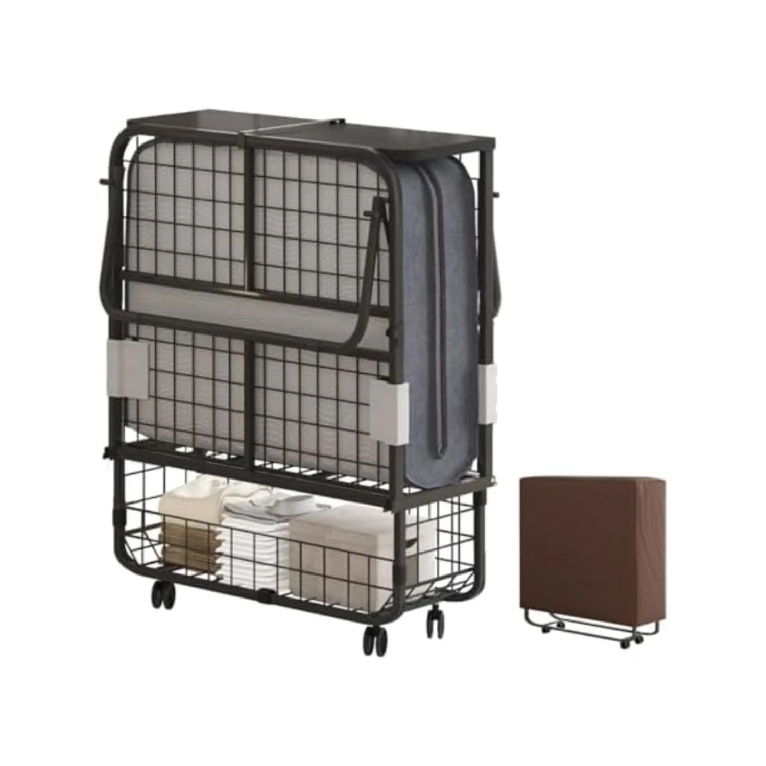 Folding Bed, 75" x 31" Rollaway Bed with 5" Mattress for Adults, Headboard & Dustproof Cover & Storage, Portable Fold