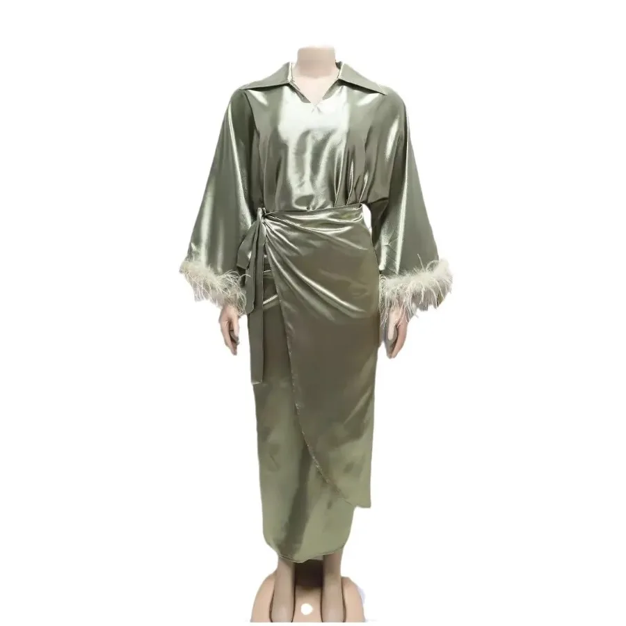 Clothes for Muslim Women Spring Summer Muslim Women 3/4 Sleeve V-neck Top Long Skirt Matching Sets Outfits Dubai Abaya M-2XL