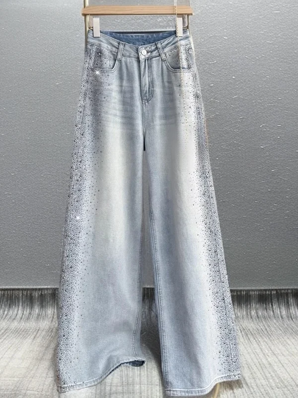 

iny Diamond Women's High Waist Wide Leg Jeans Straight Cut Floor Length Casual Spring Faion plus Size Blue Denim Pants