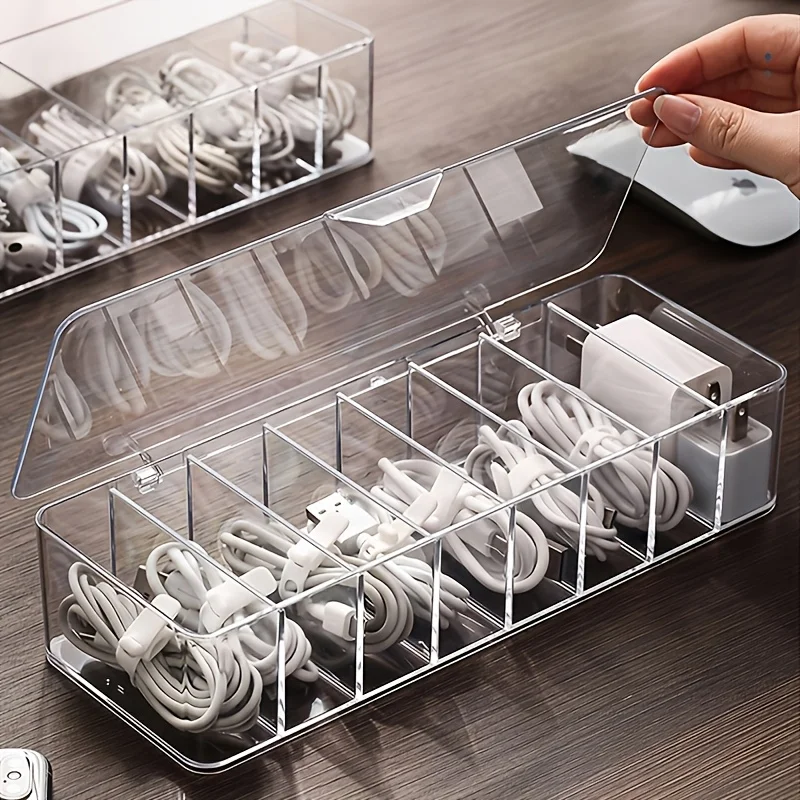 8-Compartment Data Cable Storage Box, Transparent Visible Storage Box with Lid Made of Pet Material, Suitable for Cable Management, Charging Cords, and Accessory Organization, with Cable Organizer, Office Drawer Desktop Organization and Storage Box