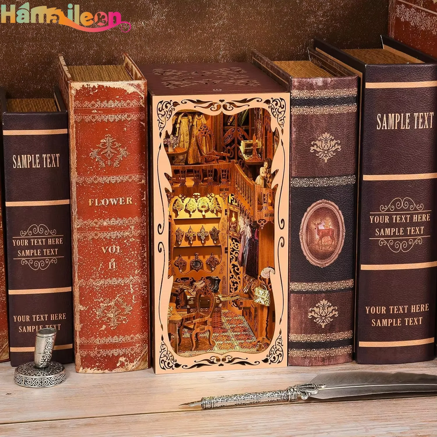 Hamaileon livre coin Kit maison de poupée Booknook 3D Puzzle en bois bricolage coin livre étagère insérer avec lumière (l'armoire du duchesse