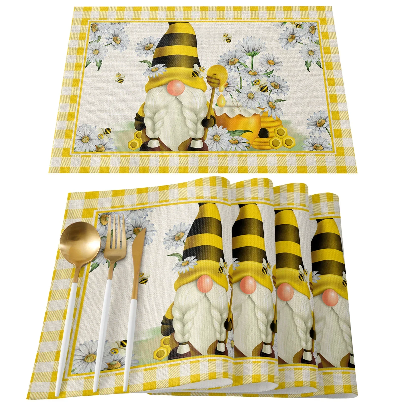 Placemats Pastoral Spring Bee Daisy Gnome Table Mats Cotton Linen Kitchen Accessories Home Decorative Coaster