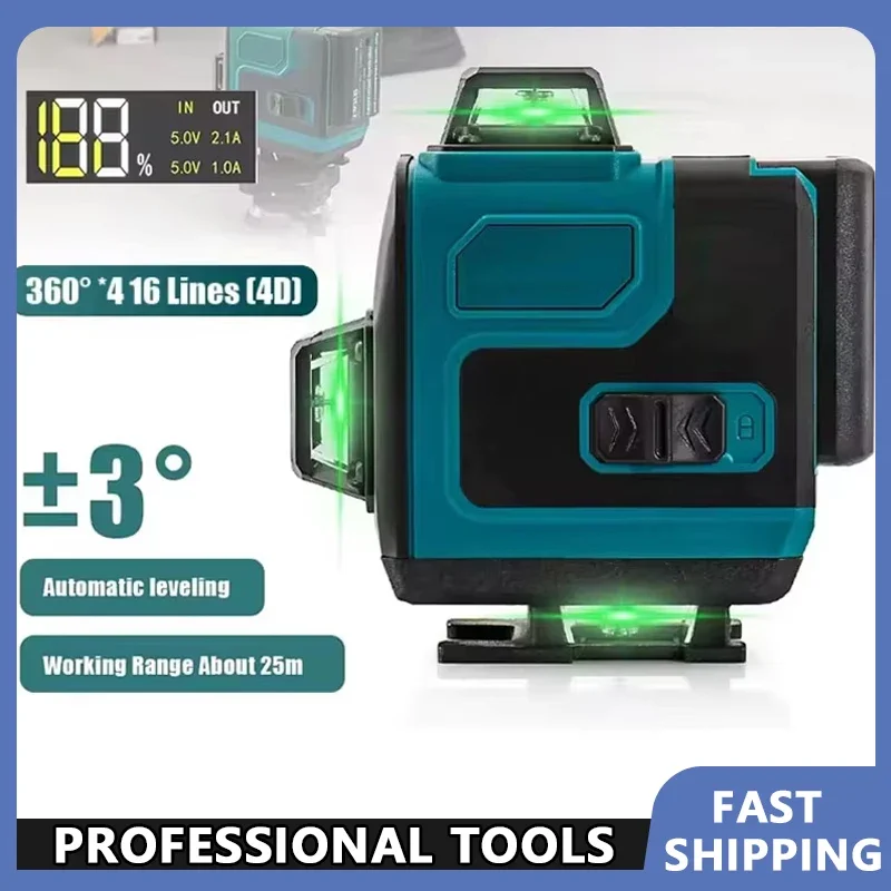 Fit Makita High-Precision Wall-Mounted Laser Level Portable Tool with 16-Line 360 Horizontal & Vertical Cross Level Green Light