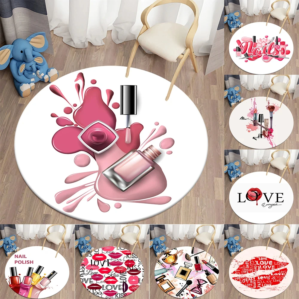 Nail Polish Lipstick Round Carpet Fashion Elegant Female Makeup Cosmetics Rug for Living Room Bedroom Doormat Non-Slip Floor Mat