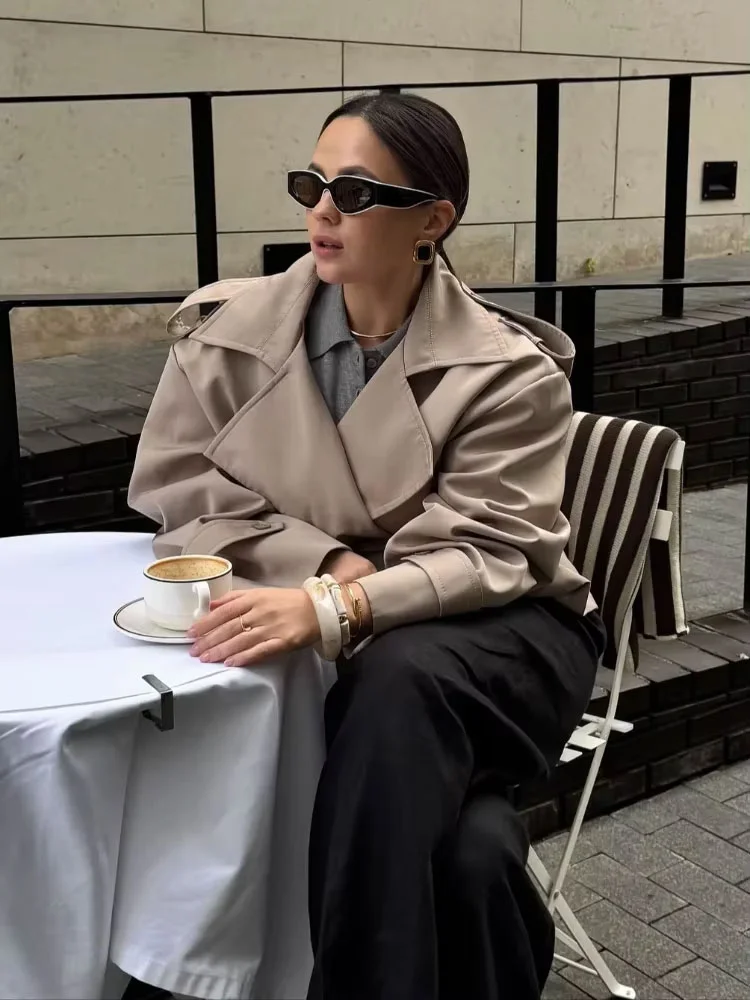 

Fashion Lace-up Cropped Trench Coat Women Lapel Long Sleeves Wide Shoulder Windbreaker Jacket Fall Commuting Daily Jackets 2025