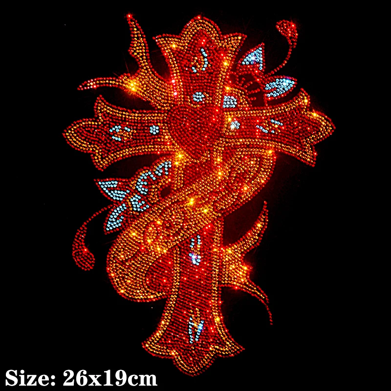 Red Holy Cross Hot Diamond Sequin Iron on Applique Patches Hot Fix Rhinestone Transfer Motifs Transfer on DIY Shirt Dress.