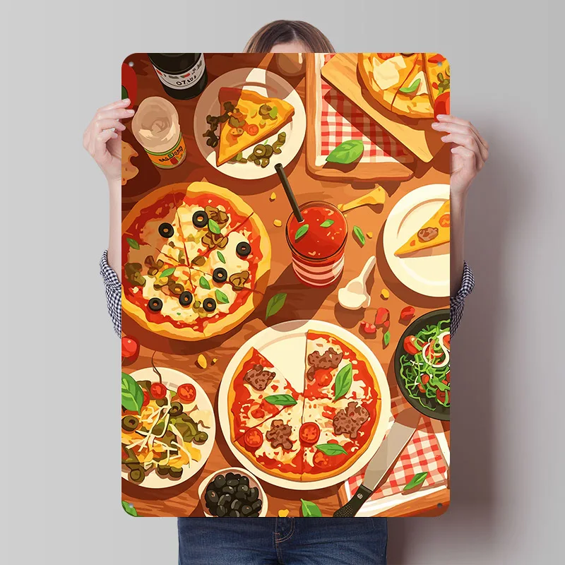Pizza-Fest Stilleben-Illustration Blechschild Poster Individualisierte Retro-Wandkunst Vintage Metallschilder für Zimmer Bar Accessoires