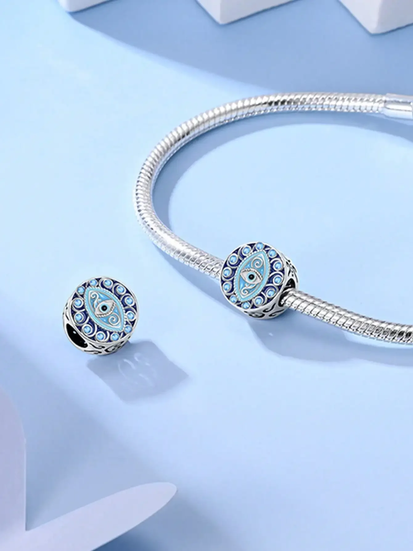 핫세일 참 비즈 925 스털링 실버 블루 오션 핏 뱅글 팔찌 목걸이 DIY 쥬얼리