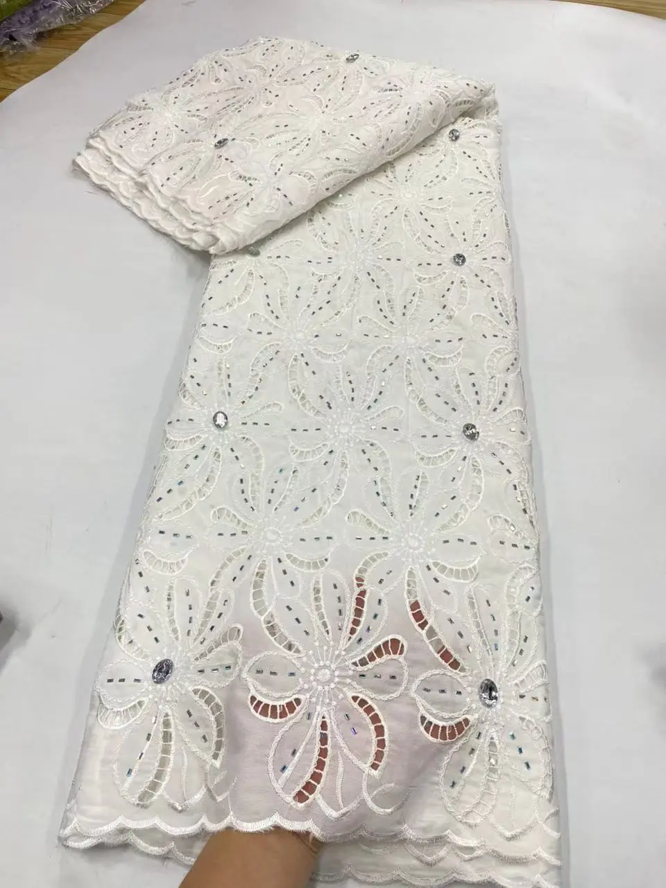 

2026 High-Quality Africa Nigerian Sequins Cotton Embroidery Lace Fabric Tulle for Wedding Party Dress Chiffon JL578 5 Yards
