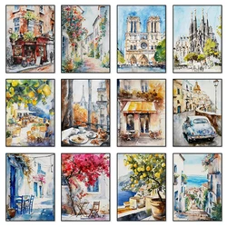 Paris Rome Santorini Coastal City Architecture landscape Watercolor Art Poster Canvas Paintings Wall Art Pictures Home Decor