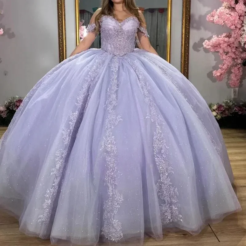 Customized Light Lavender Tulle Ball Gown Quinceanera Dress Beaded Crystal Vestidos De 15 Quinceañeras Wedding Guest Dress