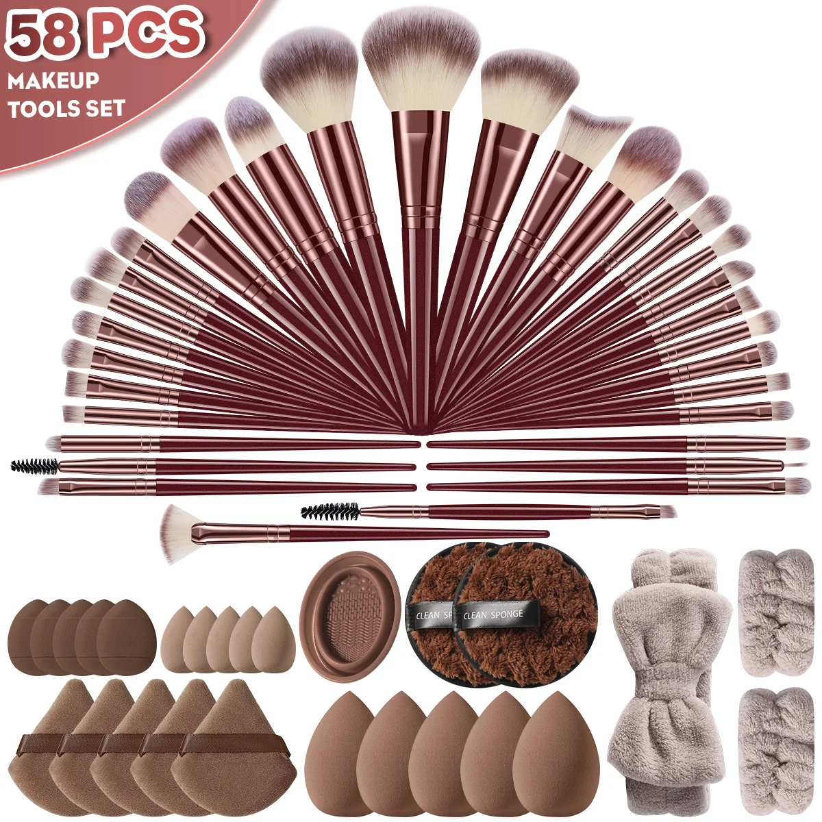 58Pcs Wine Red Brown All-in-One Makeup Tools Set, Professional Full Face & Eye Makeup Brushes, Bow Plush Headbands, Triangle Powder Puffs, Multi-Size Makeup Sponges, Reusable Clean Pads & Silicone Brush Cleaner