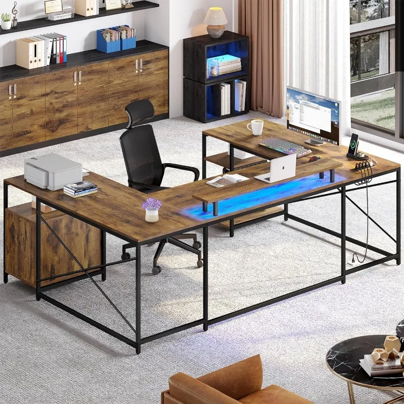 L-Shaped reversível Computer Desk com Tomadas Elétricas e Luzes LED, 79 "Desk with Monitor Stand and Storage Shelf