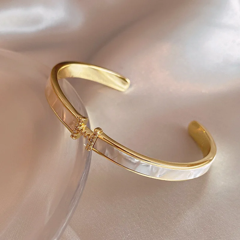 

Chic Gold Plated Open Bangle, Zircon Embellished Cuff Bracelet, Sophisticated Adjustable Jewelry for Women, Fashion Wrist Gift