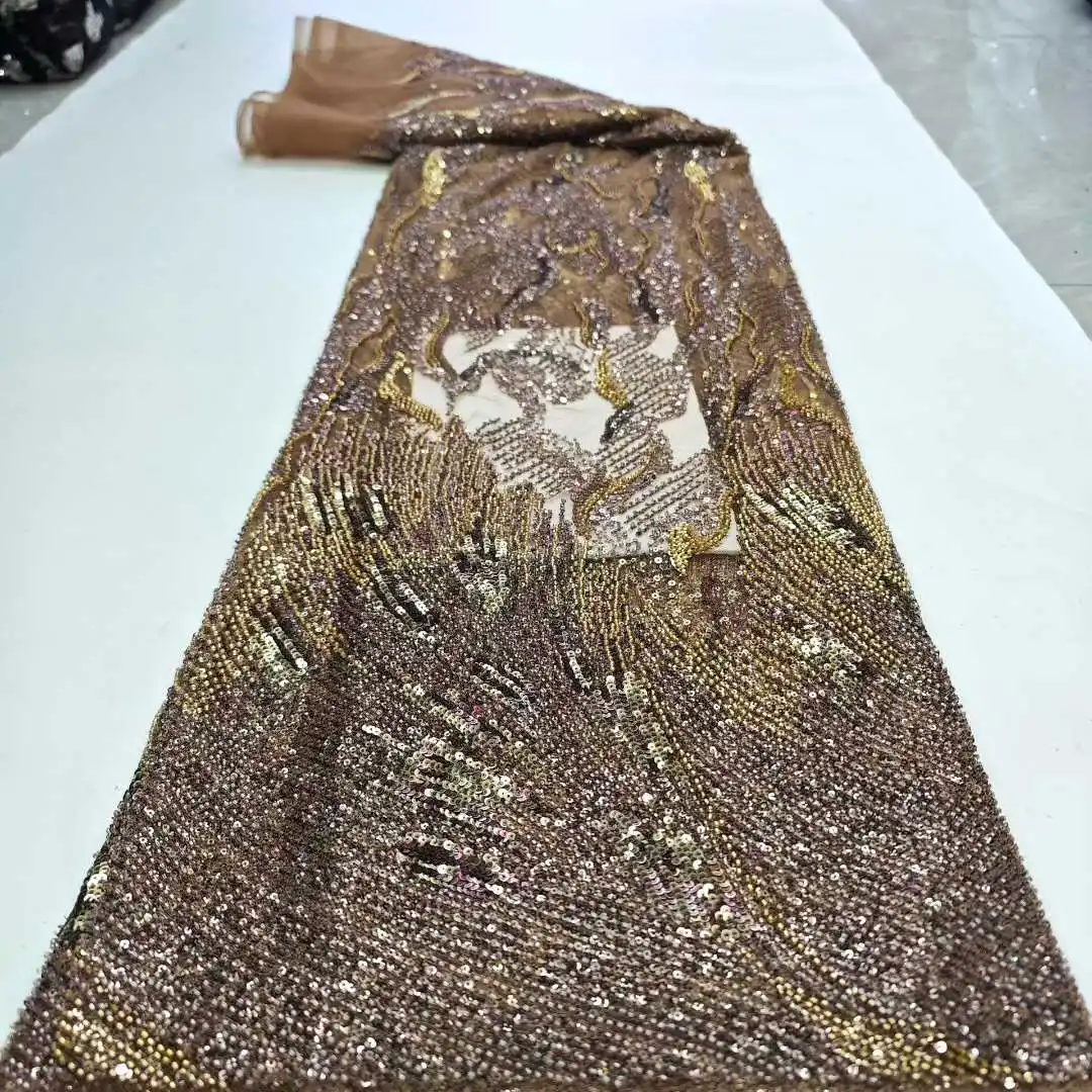 

Luxury Sequins Lace Fabric 2025 High Quality French African Beaded Lace Fabric Nigerian Embroidery Fabric For Sewing