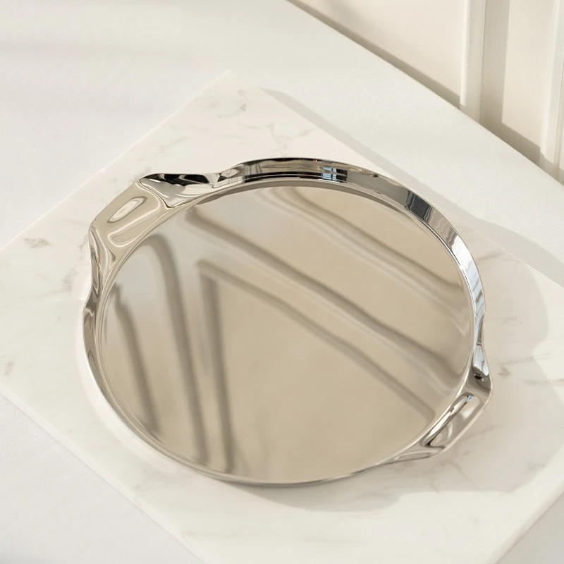 

Light luxury stainless steel round tray Nordic ins hotel western food dining plate model room ornament household dessert plate