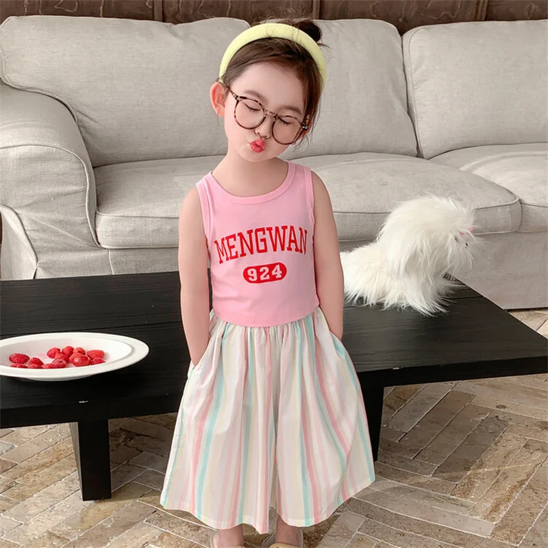 Children's Vest Sets Girls Sweet Suit Summer Sleeveless Top Striped Trousers 2 Pieces New Kids Thin Fashion Casual Outfit