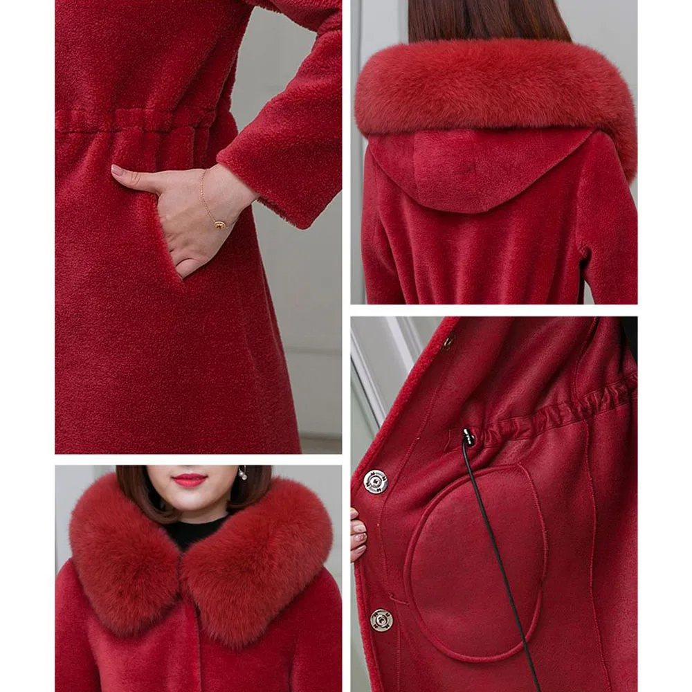 Granule Sheep Shearing Wool Jacket Women Winter NEW Hooded Fox Fur Collar Fur Coats High-quality Thicken Warm Overcoat Female