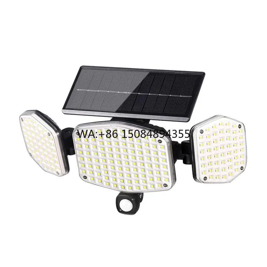 Solar Outdoor Motion Sensor Light 3 Heads 208LED IP67 Waterproof 270° Wide Angle 3 Modes Flood Wall Lamp for Garage Garden
