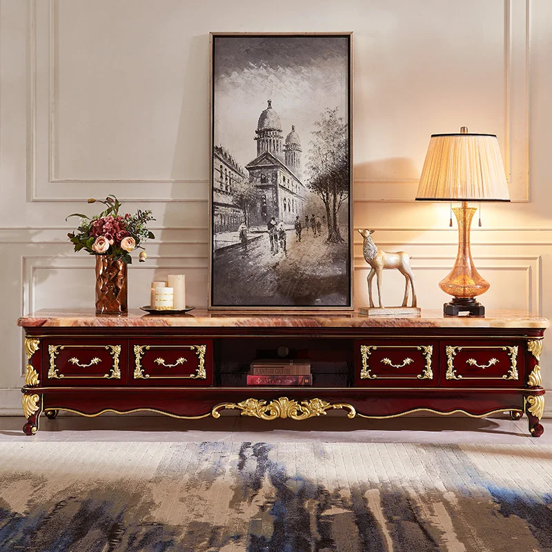 European marble TV cabinet solid wood carving flower red sandalwood living room coffee table TV cabinet American classical furni