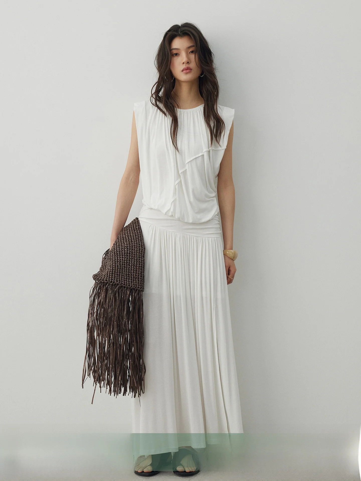 

KEARA U-Neck Deconstructed Pleated Drapey Knit Sleeveless Top Women's Spring Summer High Split Skirt Two-Piece Set