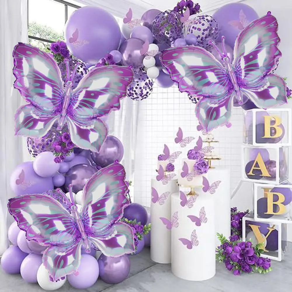 39In×29In Newest Ice Purple Butterfly Balloon Giant Foil Mylar Balloon Baby Shower Wedding Butterfly Themed Birthday Party Decor