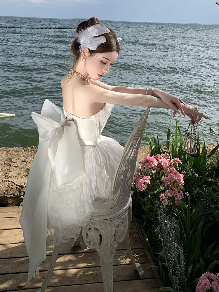 REDDACHiC Vestido tubo para mujer con lazo desmontable cinturón de diamante blanco con cordones sin espalda Mini vestido de princesa vestido tutú para fiesta de cumpleaños