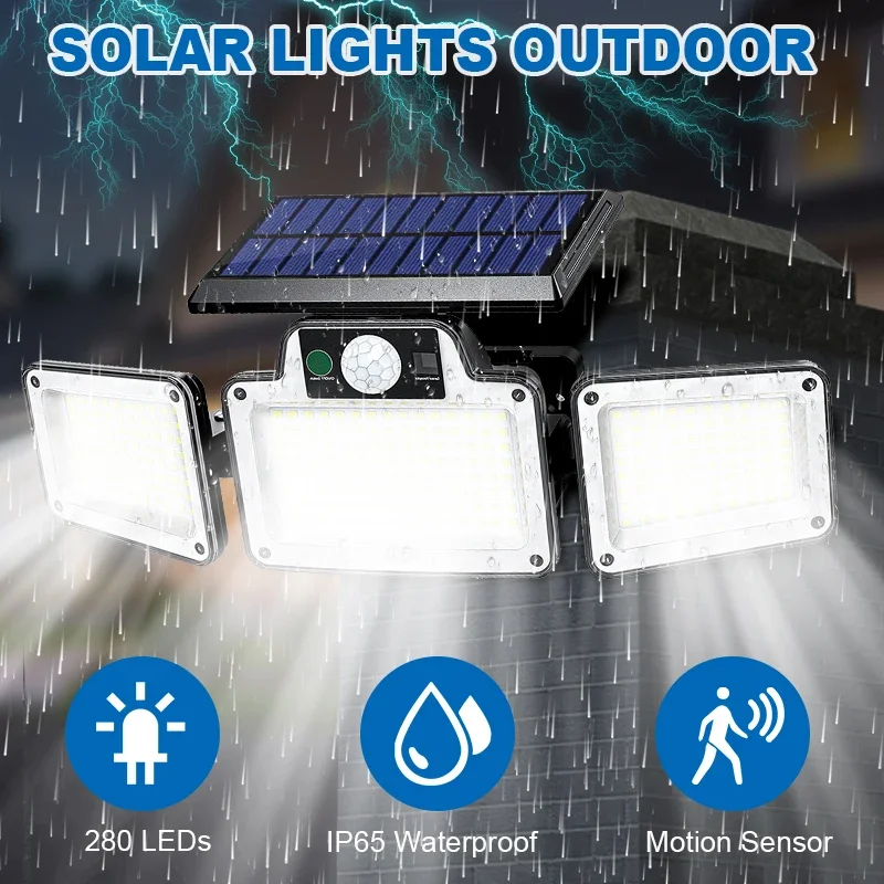 3 Head Outdoor Solar Lights Solar Motion Sensor Lights 280LED Security Solar Wall Lamp With 3 Modes Waterproof Flood Lights