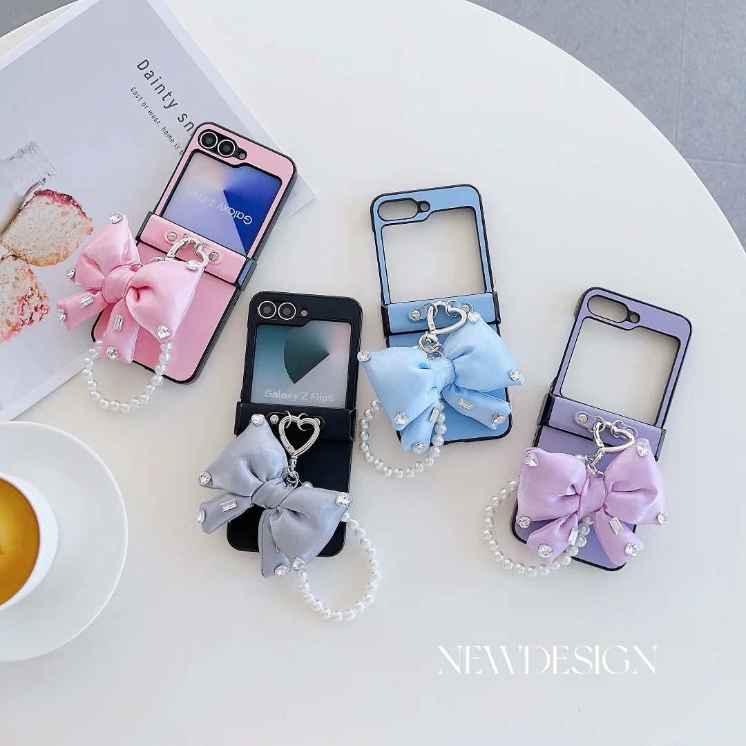 

Bow Pearl Hanging Bracelet Leather Case for Samsung Galaxy zflip4 Zflip 5 Z Flip6 Z flip3 Phone Cover Z Flip 4 Z Flip 5 Z Flip 6