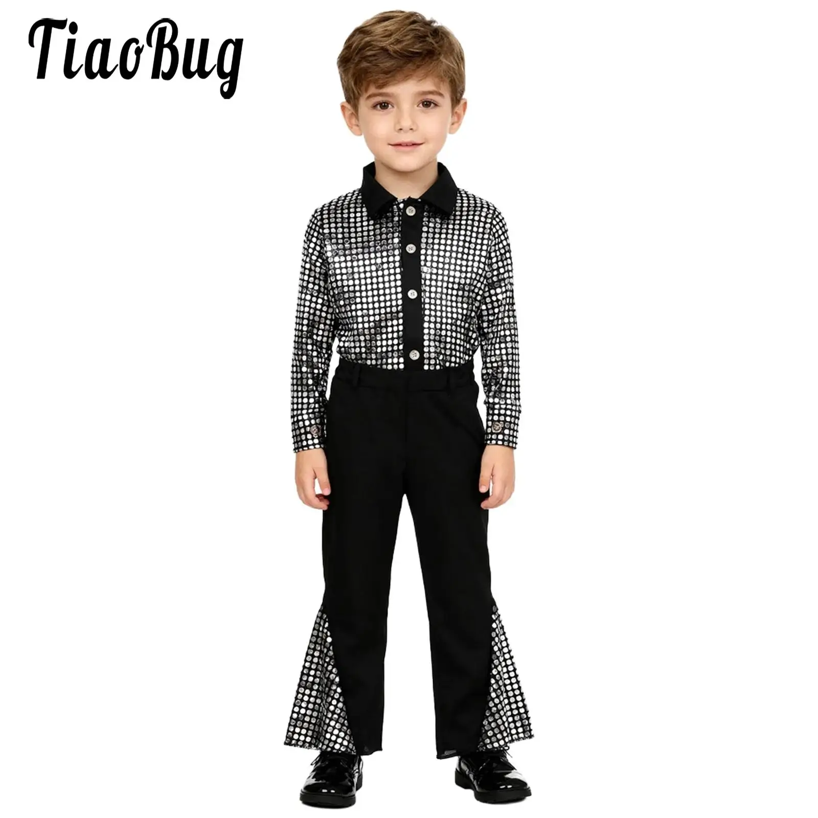 

Блестящие детские костюмы для диско-танцев в стиле ретро для мальчиков, комплект одежды для джазовых бальных танцев, танго, танцевальная одежда с длинными рукавами и пуговицами спереди, верхняя одежда и брюки-клеш