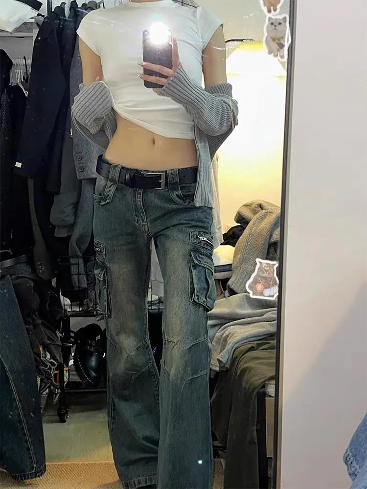 

Retro American Waed Denim Jeans Women's Spring Design Sense Multiple kets Slimming Floor-Length Pants Casual Sle