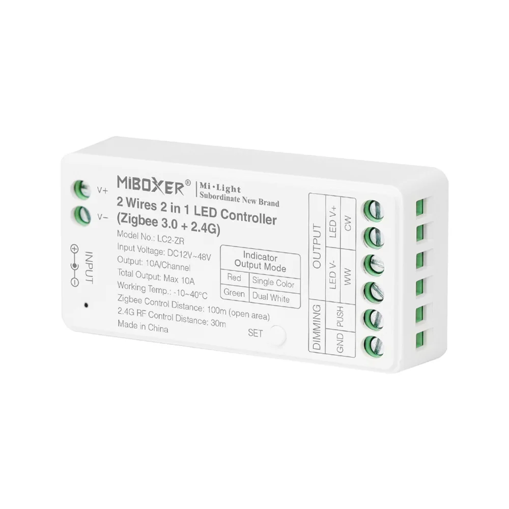 MIiboxer ZigBee 3.0+2.4G  2 Wires 2 in 1 CCT/DIM LED Strip Controller LC2-ZR Support Single Color Dual White 2 Output Modes