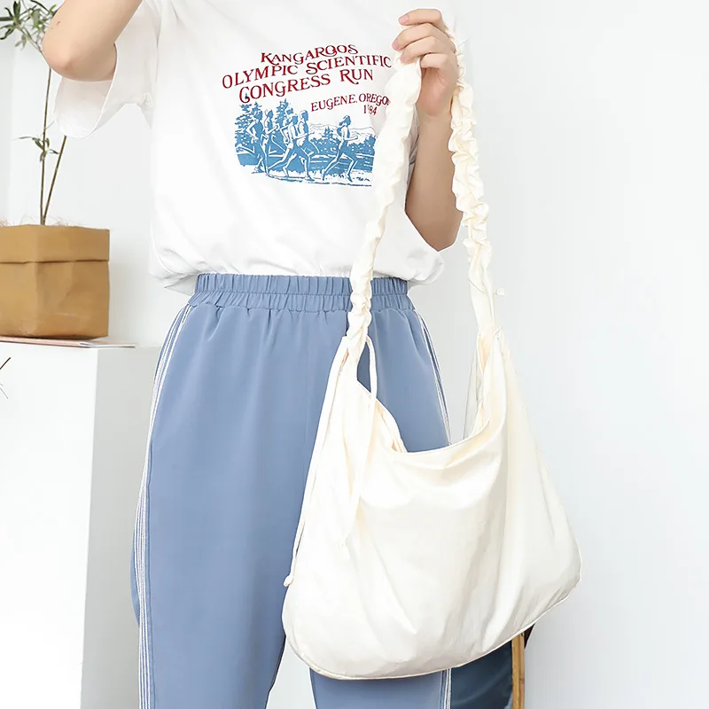 Korean Version Simple Large Capacity Drawstring Pure Color Canvas Ins Casual Nylon Cloth Shoulder Crossbody Bag for Women