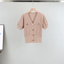 Women Summer New French Style Short Sleeve  Hollow Out  Knit Cardigan V-Neck Button Down  Casual V Neck Tops